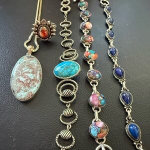 Sterling Bundle - 3 bracelets, spiny Oyster adj ring and Larimar pendant chain